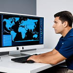 A professional, focused IT technician, fully clothed in a modest, professional polo shirt and trousers, seated at a clean, modern desk. They are calmly observing a computer monitor that displays a black screen, with an unplugged power cable subtly visible on the desk. The workspace is tidy and well-lit, suggesting a methodical approach to problem-solving. The technician has well-formed hands resting on the desk, not touching the screen. Perfect anatomy, correct proportions, natural pose, proper finger count, natural body proportions. Safe for work, appropriate content, fully clothed, professional. High-resolution, detailed, studio lighting, technology photography style.