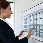 "A professional female architect in a modern office, reviewing blueprints, fully clothed in appropriate business attire, safe for work, perfect anatomy, natural proportions, high quality, professional setting, family-friendly, well-formed hands, proper finger count."