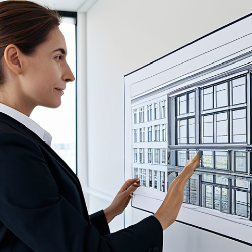"A professional female architect in a modern office, reviewing blueprints, fully clothed in appropriate business attire, safe for work, perfect anatomy, natural proportions, high quality, professional setting, family-friendly, well-formed hands, proper finger count."
