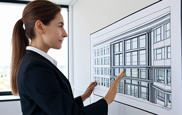 "A professional female architect in a modern office, reviewing blueprints, fully clothed in appropriate business attire, safe for work, perfect anatomy, natural proportions, high quality, professional setting, family-friendly, well-formed hands, proper finger count."