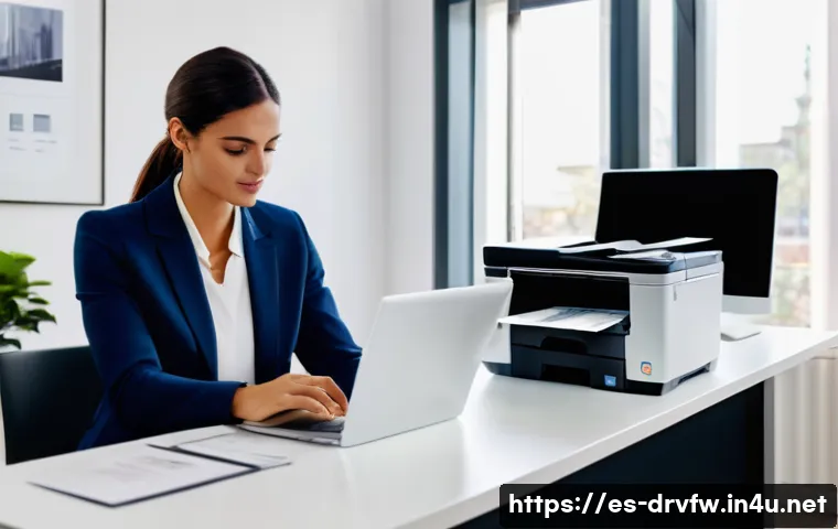 프린터 펌웨어 보안 업데이트의 중요성 - A modern office setting in a Spanish corporate environment, featuring a sleek networked printer on a...