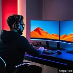 그래픽카드 드라이버와 게임 성능의 관계 - A detailed scene of a Spanish gamer&rsquo;s setup in a cozy room, featuring a high-end PC with dual monito...
