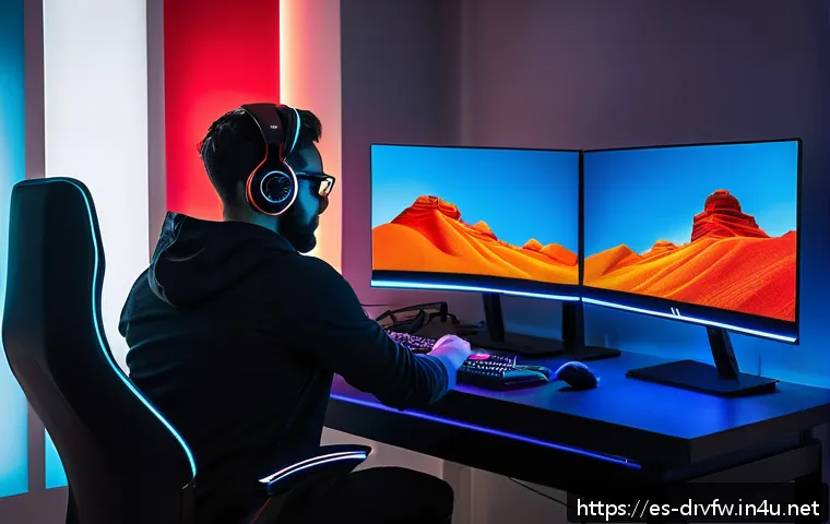 그래픽카드 드라이버와 게임 성능의 관계 - A detailed scene of a Spanish gamer’s setup in a cozy room, featuring a high-end PC with dual monito...