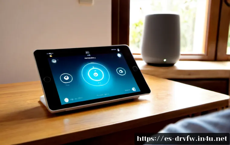 펌웨어 보안 업데이트의 중요성 - Photorealistic close-up of a modern home Wi-Fi router and smart home hub on a clean wooden desk, a m...