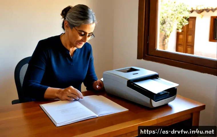 Home 17 스캐너 펌웨어 업데이트 방법 - Photorealistic home office scene in Spain, a middle-aged person carefully updating a compact documen...