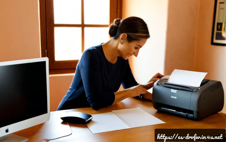 프린터 드라이버 설치 및 설정 방법 - Photorealistic home office scene in Spain, a middle-aged woman calmly installing a compact wireless ...